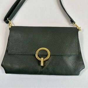 Italian Genuine Leather Shoulder Bag Dark Green Pebbled Leather Circle Clasp